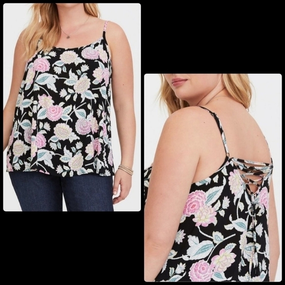 TORRID BLACK FLORAL LACED BACK CHALICE CAMI plus size 1 - Picture 1 of 7